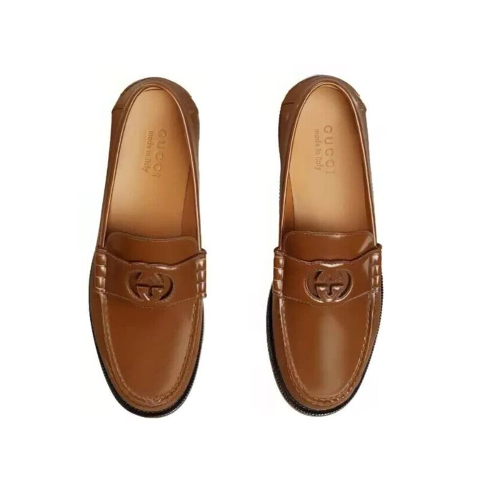 NIB Gucci Interlocking G Size 7.5 US 8 Brown Leather Loafers Slip-On Shoes
